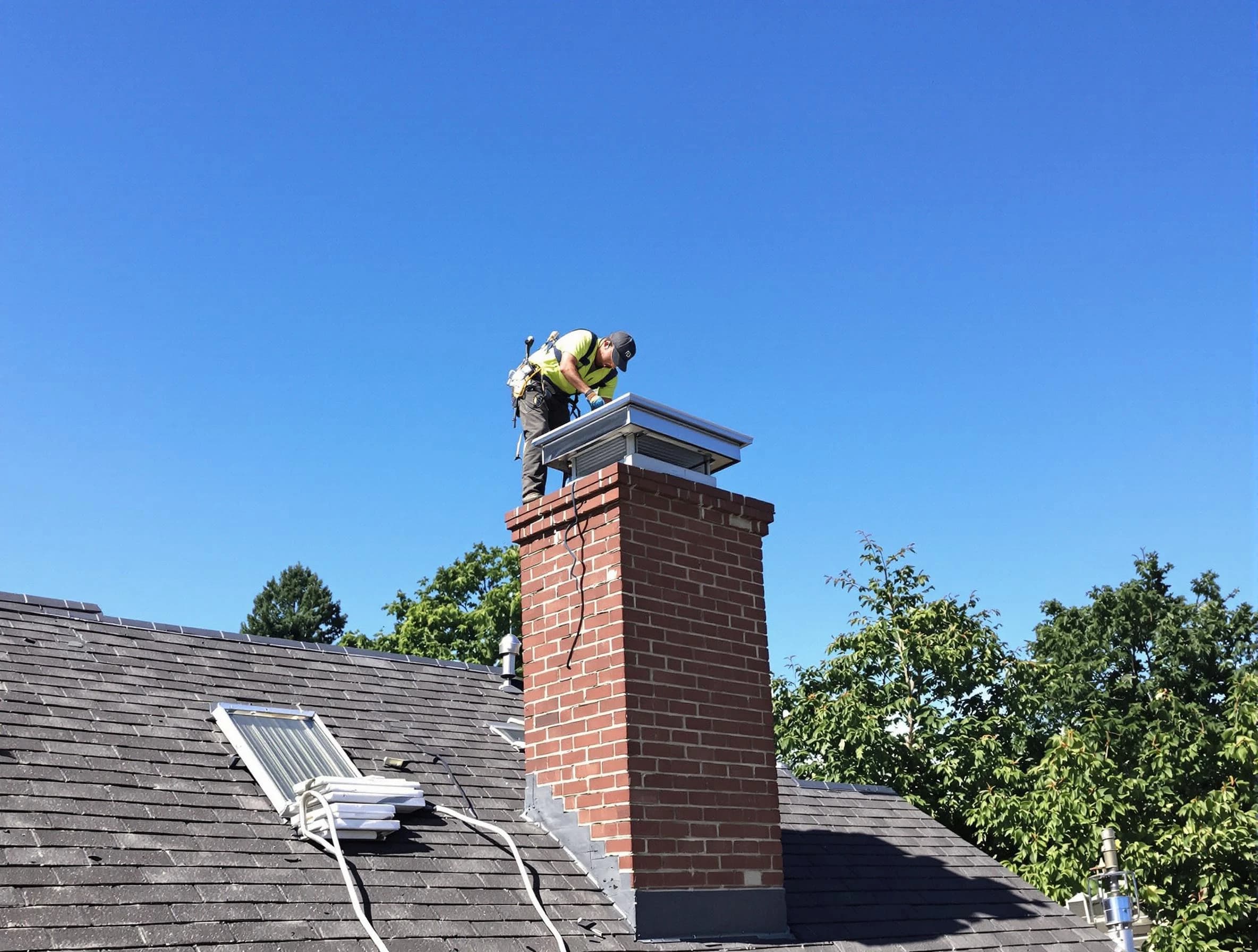 Del City Chimney Sweep technician measuring a chimney cap in Del City, OK
