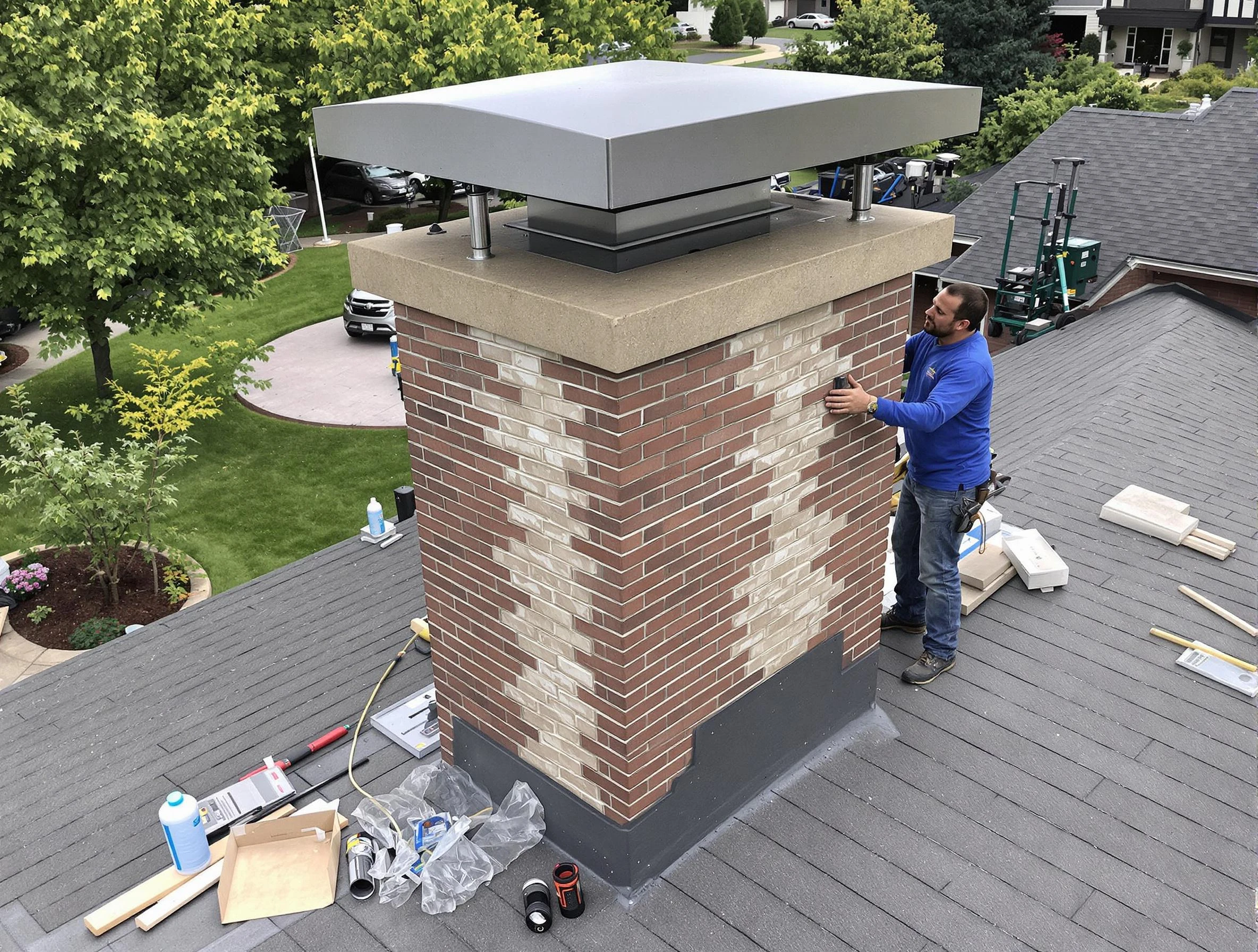 Del City Chimney Sweep team working on a custom chimney remodel in Del City, OK